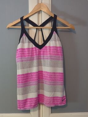 Nike Pink Gray Striped Crisscross Back Tank Top Size Medium